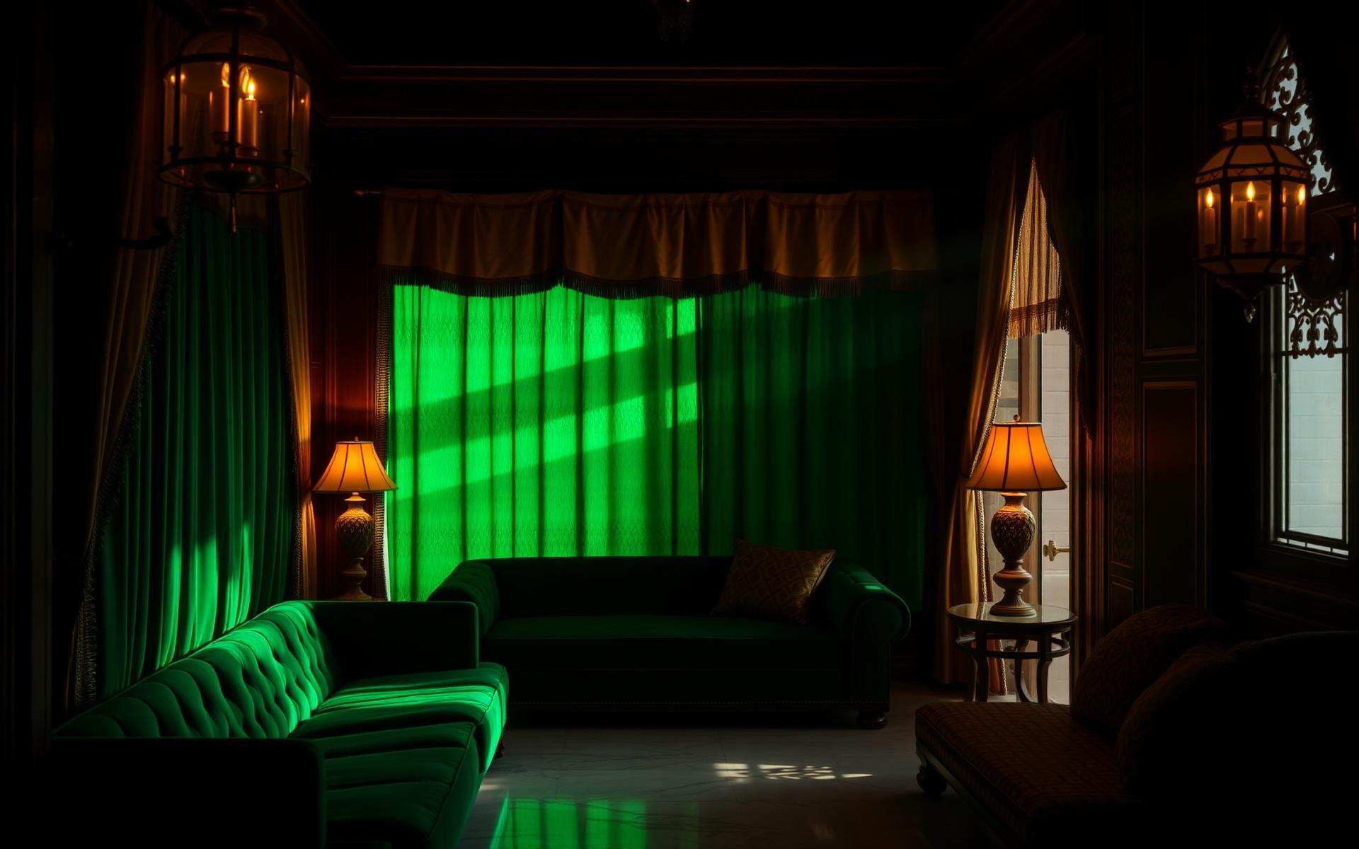 Jaipur haveli interior with emerald drapery and gold accents